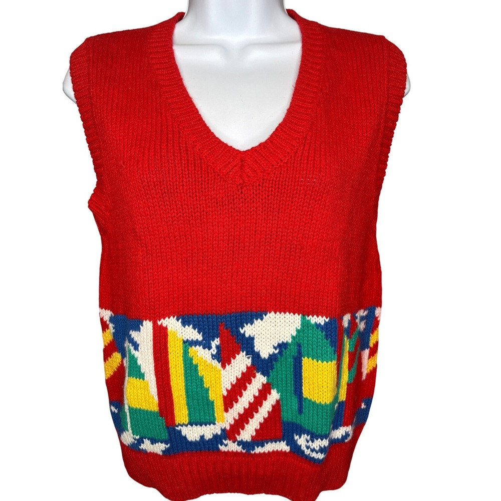 VTG 80s Carroll Reed Womens Red Sailboat Sweater Vest M Nautical Coastal Grandma